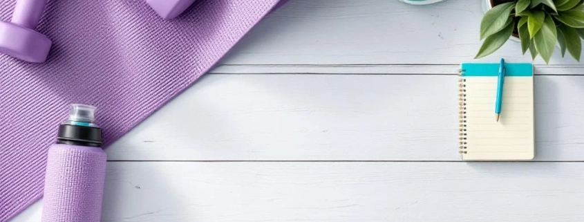 Sportuitrusting op witte houten ondergrond met paarse en turquoise halters, yogamat, sneakers en waterfles voor fitness