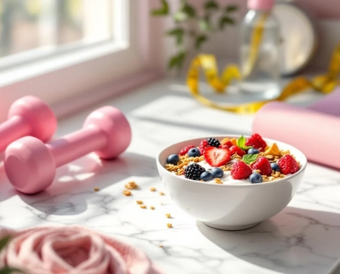 Griekse yoghurt met bessen en granola naast roze halters en yogamat op marmeren aanrecht in ochtendlicht