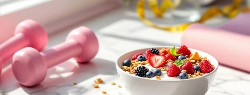 Griekse yoghurt met bessen en granola naast roze halters en yogamat op marmeren aanrecht in ochtendlicht