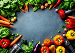 Kleurrijke groenten in regenboogpatroon met halters en waterfles, bovenaanzicht voor fitness en gezonde voeding