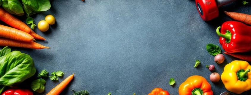 Kleurrijke groenten in regenboogpatroon met halters en waterfles, bovenaanzicht voor fitness en gezonde voeding