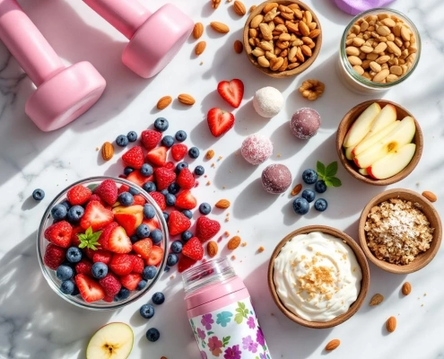 Gezonde snacks op marmeren oppervlak: verse bessen, noten, energieballen, Griekse yoghurt en appelschijfjes met halters