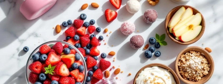 Gezonde snacks op marmeren oppervlak: verse bessen, noten, energieballen, Griekse yoghurt en appelschijfjes met halters
