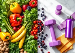 Verse groenten, fruit en eiwitten naast fitnessapparatuur op wit marmer, harmonie tussen voeding en sport