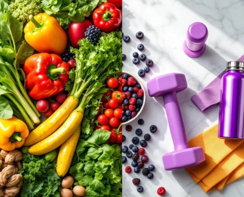 Verse groenten, fruit en eiwitten naast fitnessapparatuur op wit marmer, harmonie tussen voeding en sport