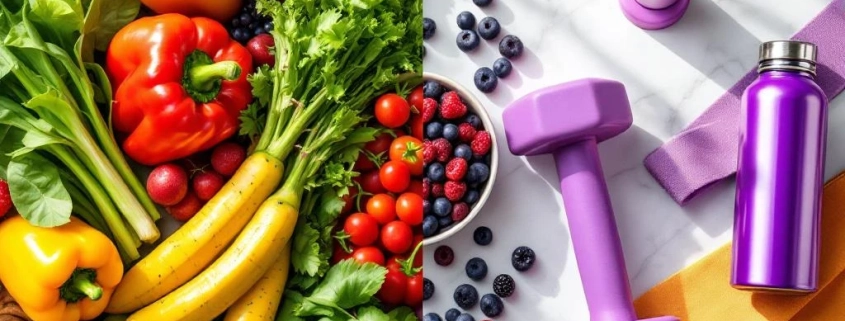 Verse groenten, fruit en eiwitten naast fitnessapparatuur op wit marmer, harmonie tussen voeding en sport