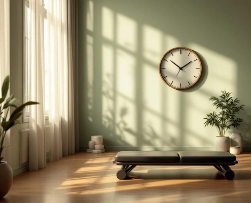 Rustige fitnessstudio met hydraulische trainingsapparatuur, natuurlijk licht door ramen en klok die 30 minuten toont