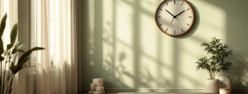 Rustige fitnessstudio met hydraulische trainingsapparatuur, natuurlijk licht door ramen en klok die 30 minuten toont