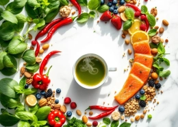 Metabolisme-bevorderende voedingsmiddelen in spiraalpatroon: groene thee, zalm, bessen, noten en groene bladgroenten