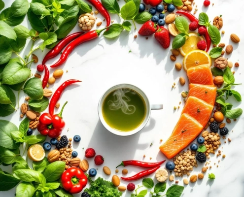 Metabolisme-bevorderende voedingsmiddelen in spiraalpatroon: groene thee, zalm, bessen, noten en groene bladgroenten