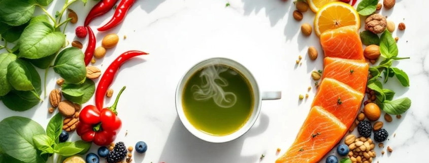 Metabolisme-bevorderende voedingsmiddelen in spiraalpatroon: groene thee, zalm, bessen, noten en groene bladgroenten