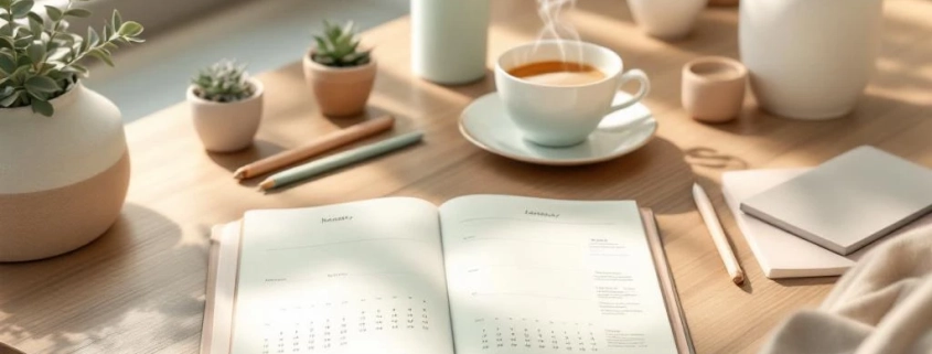 Open planner op houten bureau met thee, plantjes en fitnessdrankfles in zachte ochtendlicht voor productiviteit