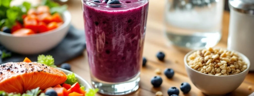 Houten tafel met post-workout voeding: proteïne smoothie, zalm, quinoa salade, Griekse yoghurt en water fles