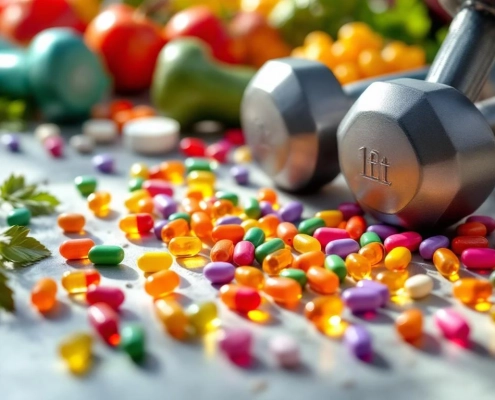 Kleurrijke vitaminecapsules en tabletten rond fitnessapparatuur met verse groenten en fruit op de achtergrond