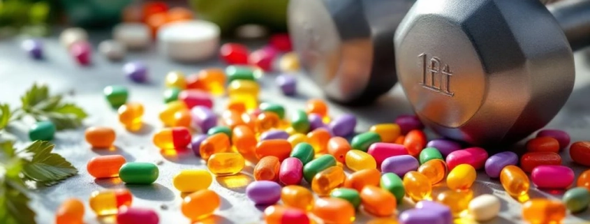 Kleurrijke vitaminecapsules en tabletten rond fitnessapparatuur met verse groenten en fruit op de achtergrond