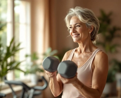Vrouw van middelbare leeftijd doet krachttraining met lichte halters in rustige, lichte fitnessruimte