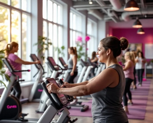 Vrouwenfitnessstudio voor 45+ met diverse vrouwen die hydraulische apparatuur gebruiken in een gastvrije ruimte met natuurlijk licht