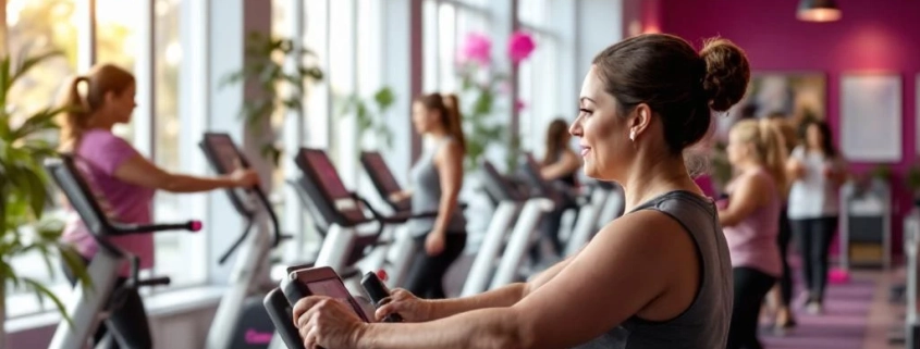 Vrouwenfitnessstudio voor 45+ met diverse vrouwen die hydraulische apparatuur gebruiken in een gastvrije ruimte met natuurlijk licht