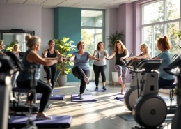 Vrouwen van 45+ trainen samen in een uitnodigende fitnessruimte met hydraulische apparaten en natuurlijk licht
