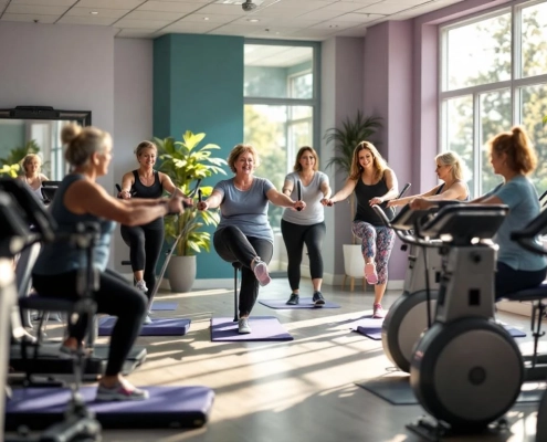 Vrouwen van 45+ trainen samen in een uitnodigende fitnessruimte met hydraulische apparaten en natuurlijk licht