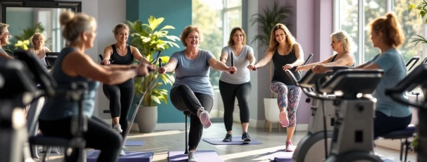 Vrouwen van 45+ trainen samen in een uitnodigende fitnessruimte met hydraulische apparaten en natuurlijk licht