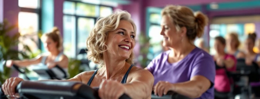 Vrouwen van rond de 50 trainen samen op hydraulische fitnessapparatuur in een warme, uitnodigende sportschool met paarse accenten.