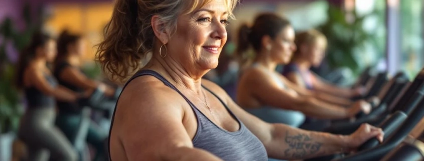 Vrouwen van middelbare leeftijd trainen samen in een uitnodigende fitnessruimte met paarse en groene verlichting