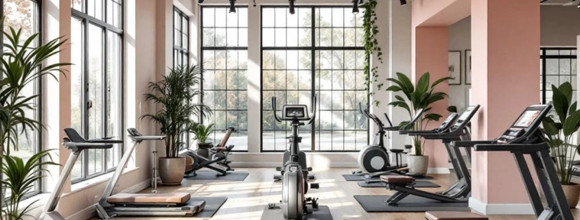 Moderne vrouwenfitnessstudio met 45+ vrouwen op hydraulische apparatuur, businessplan met grafieken op voorgrond