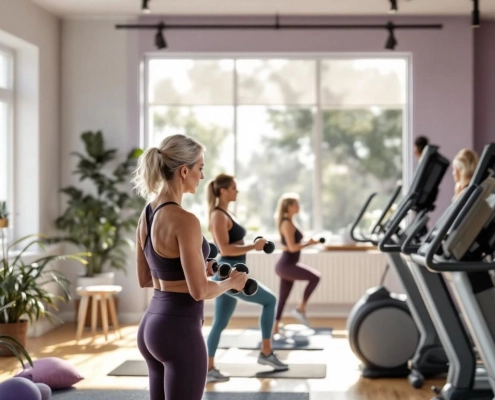 Vrouwen 45+ trainen met lichte gewichten en cardio in lichte fitnessstudio met paarse en groene accenten