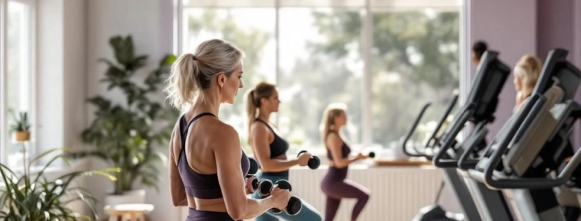 Vrouwen 45+ trainen met lichte gewichten en cardio in lichte fitnessstudio met paarse en groene accenten