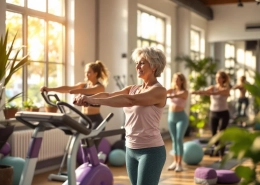 Vrouwen 45+ trainen met halters in lichte fitnessstudio met paarse accenten en natuurlijk zonlicht door grote ramen