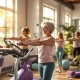 Vrouwen 45+ trainen met halters in lichte fitnessstudio met paarse accenten en natuurlijk zonlicht door grote ramen