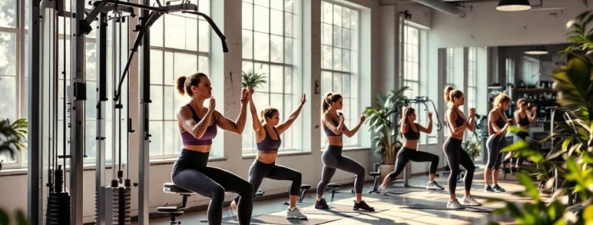 Vrouwen 45+ trainen op hydraulische fitnessapparatuur in lichte studio met paarse en turquoise accenten