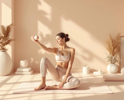 Vrouw doet rustige fitnessoefeningen in serene studio met yogamatten en lichte gewichten in zachte pasteltinten