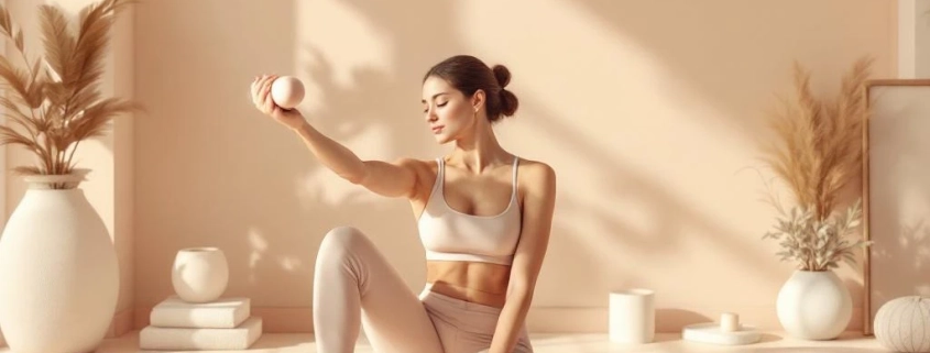 Vrouw doet rustige fitnessoefeningen in serene studio met yogamatten en lichte gewichten in zachte pasteltinten