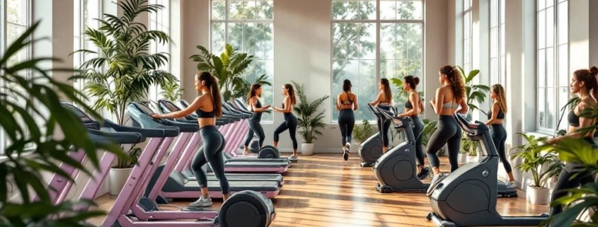 Vrouwenfitnesscentrum met 45+ vrouwen die trainen op moderne apparatuur in natuurlijk verlichte ruimte met planten