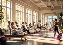 Vrouwelijke fitnessruimte met natuurlijk licht waar vrouwen 45+ trainen op moderne apparatuur in paars en turquoise