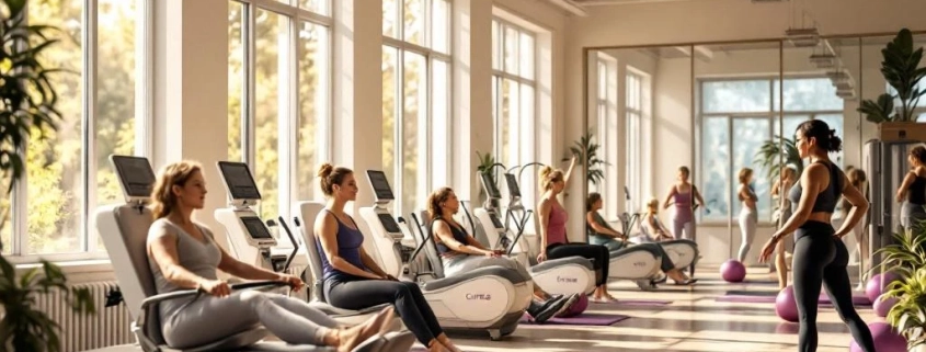 Vrouwelijke fitnessruimte met natuurlijk licht waar vrouwen 45+ trainen op moderne apparatuur in paars en turquoise