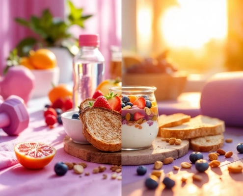 Voedingscomparatie voor vrouwen: fruit en volkoren toast links, eiwitrijke yoghurt en smoothie bowl rechts met sportuitrusting
