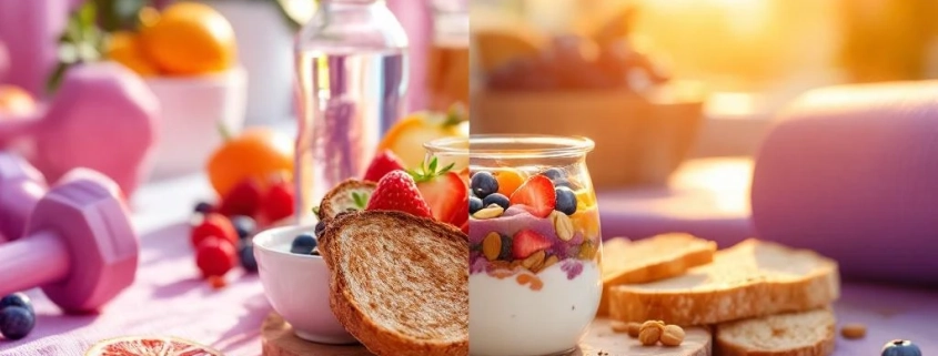 Voedingscomparatie voor vrouwen: fruit en volkoren toast links, eiwitrijke yoghurt en smoothie bowl rechts met sportuitrusting