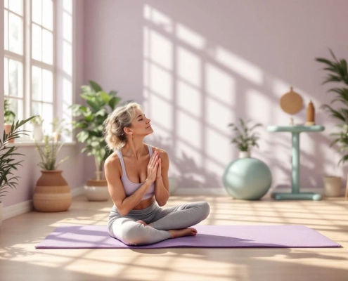 Volwassen vrouw doet yogastretch op paarse mat in zonnige studio met planten en pastelkleuren