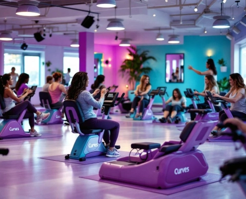 Vrouwen trainen op hydraulische toestellen in Curves fitness studio met paarse en turquoise uitrusting in cirkel opgesteld