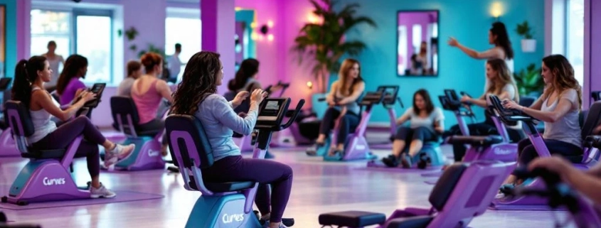 Vrouwen trainen op hydraulische toestellen in Curves fitness studio met paarse en turquoise uitrusting in cirkel opgesteld