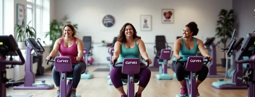 Drie vrouwen trainen op hydraulische circuitapparatuur in een moderne Curves sportschool met paarse en groene kleuren