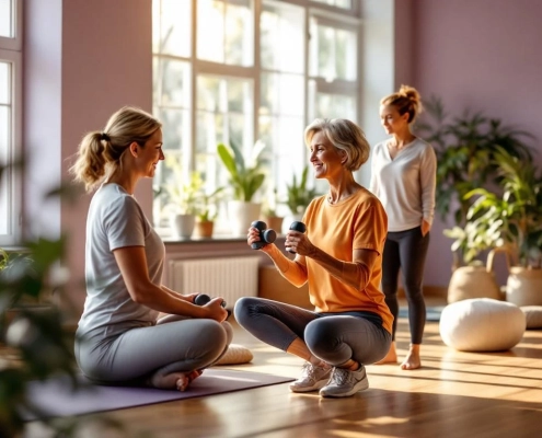 Vrouwelijke trainer begeleidt vrouw van 50+ met halters in lichte fitnessstudio met natuurlijk licht en warme kleuren