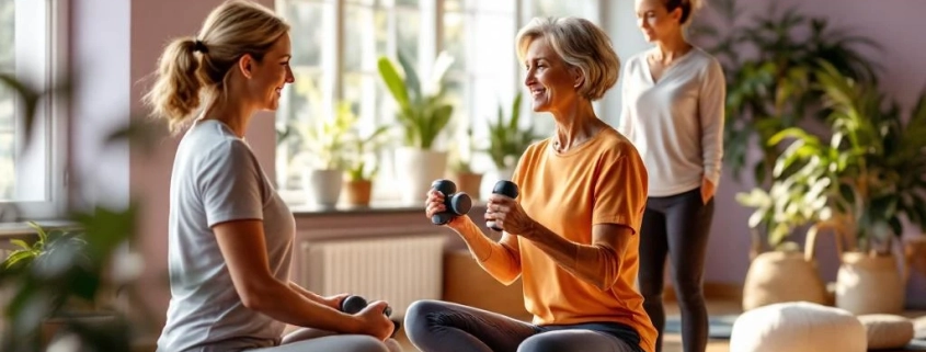 Vrouwelijke trainer begeleidt vrouw van 50+ met halters in lichte fitnessstudio met natuurlijk licht en warme kleuren