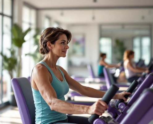 Vrouw van 40+ gebruikt paarse hydraulische fitnessapparatuur in moderne Curves sportschool met natuurlijk licht