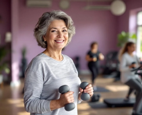 Vriendelijke vrouw van middelbare leeftijd traint met halters in uitnodigende Curves fitnessruimte met paarse accenten