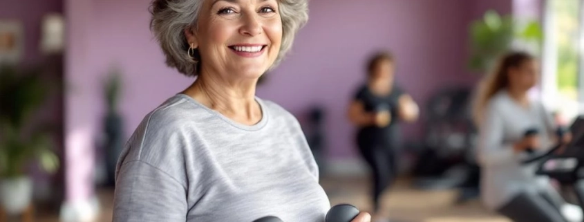 Vriendelijke vrouw van middelbare leeftijd traint met halters in uitnodigende Curves fitnessruimte met paarse accenten