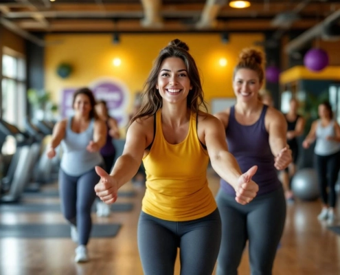 Vrouwen van middelbare leeftijd doen circuittraining in een vriendelijke Curves fitnessruimte met paarse en gele kleuren